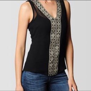TRUE RELIGION 💯% silk sheer black top•gold/black trim at front•split back•sz XS
